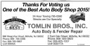 Best Auto Body Shop in New Jersey.   Tomlin Brothers Inc.
996 Steep Run Rd 
Millville, NJ 08332
Collision Repair Experts.  Auto Body and Painting Specialists.